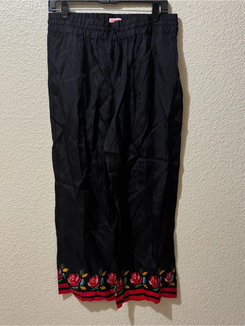 Kate Spade Black Floral-Trim Elastic Waist Silk Pajama Pants M NWT